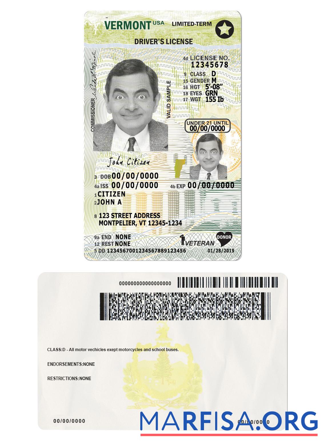 Blank USA Vermont driving license under 21 real example